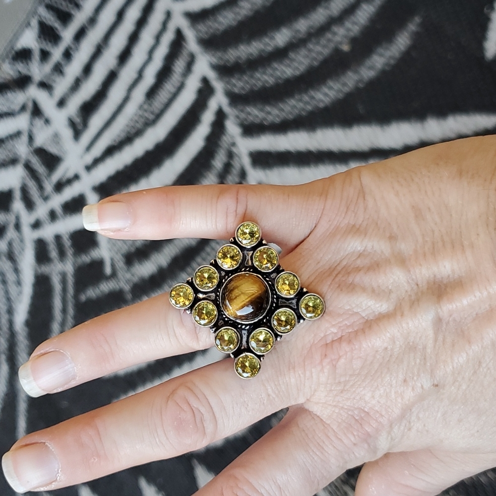 New Oversized Tiger Eye and Citrine 925 Silver Statement Ring. - Picture 4 of 8